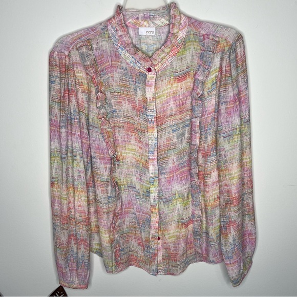 Ecru Rayon Multi Ruffle Long Sleeve Top Shirt J3 - Picture 1 of 7